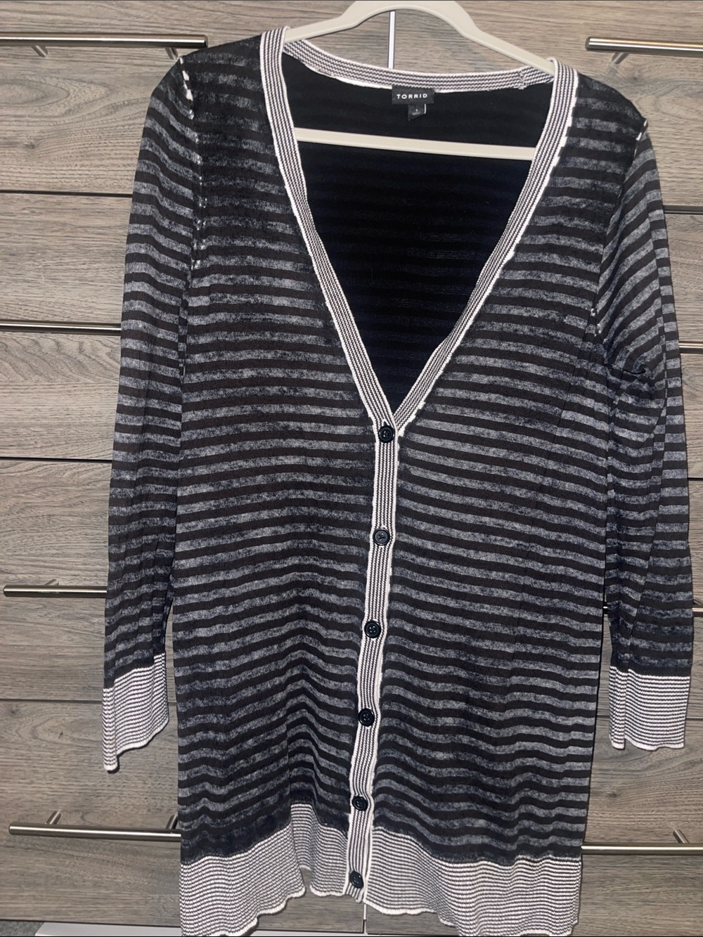 Torrid Black & Gray Striped Women’s V-Neck Button Cardigan